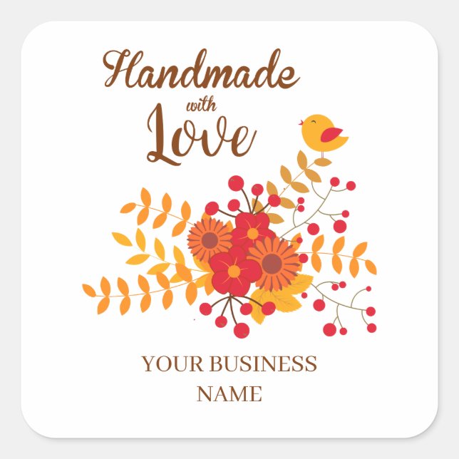 Sticker Carré Autumn Handmade With Love With Branches & Bird (Devant)