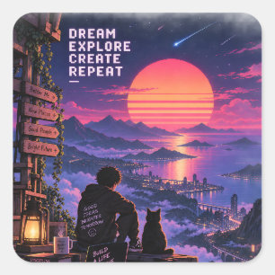 Sticker Carré Aventure au coucher du soleil d'un rêve rétro-futu