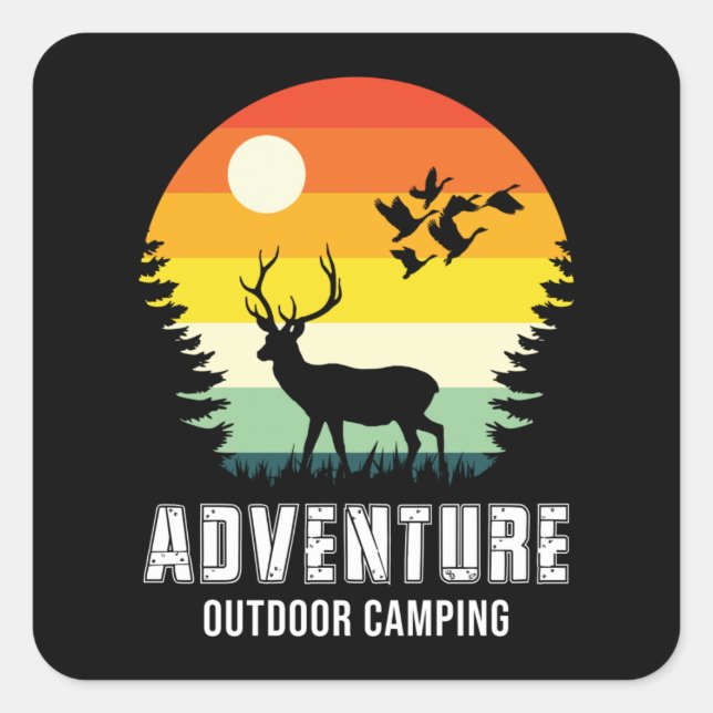 Sticker Carré Aventure Camping Extérieur Ours Et Forêt (Devant)