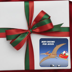Sticker Carré Aventure de Noël drôle de Ptérodactyle Père Noël