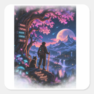 Sticker Carré Aventure Fantastique de Promeneur de la Forêt Néon
