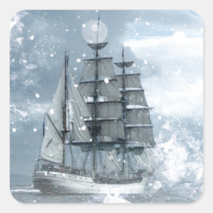Sticker Carré aventure hiver tempête de neige vintage bateau pir
