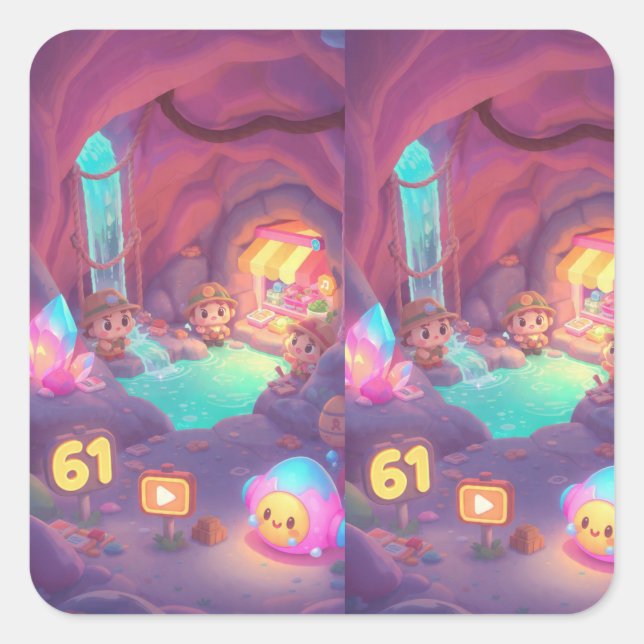 Sticker Carré Aventure mignonne de la grotte de cristal – Chibi  (Devant)