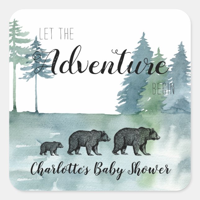 Sticker Carré Aventure Rustique Aquarelle Ours Baby shower Squ (Devant)