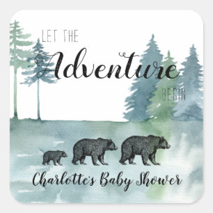Sticker Carré Aventure Rustique Aquarelle Ours Baby shower Squ