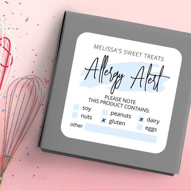 Sticker Carré Avertissement d'alerte d'allergie à l'aquarelle bl (Créateur téléchargé)