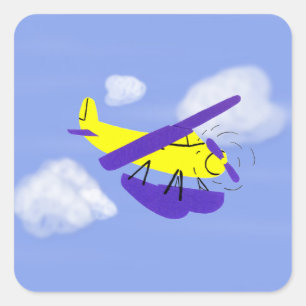 Sticker Carré Avion Jaune et Bleu Cartoon Art