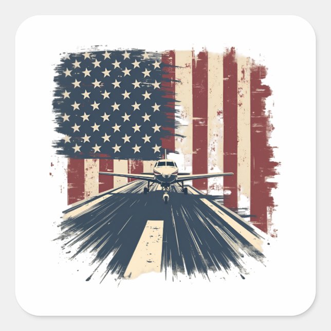 Sticker Carré Avion pilote Avion American Flag Plane Aviation (Devant)