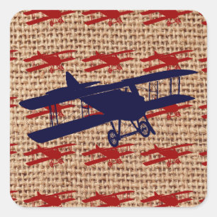 Sticker Carré Avion propulseur de biplane vintage sur Burlap Imp