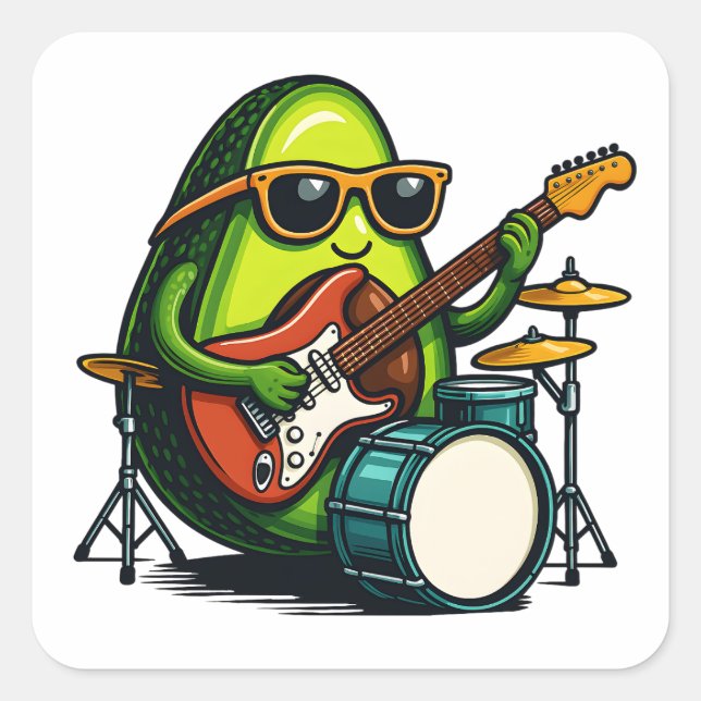 Sticker Carré Avocado Guitariste Cool Fruit Band (Devant)