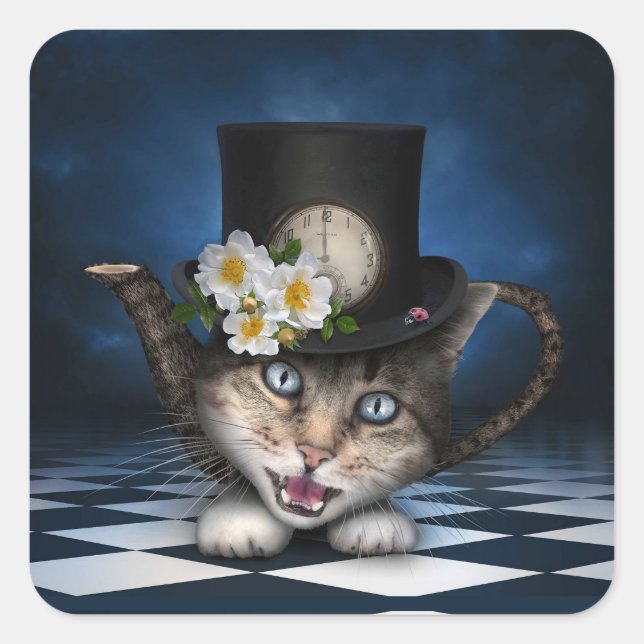 Sticker Carré Awesome Mad Hatter Teapot Chat Conception Whimsica (Devant)