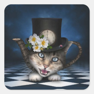 Sticker Carré Awesome Mad Hatter Teapot Chat Conception Whimsica