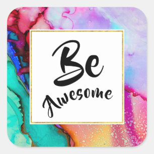 Sticker Carré Awesome rose et turquoise Aquarelle Abstraite