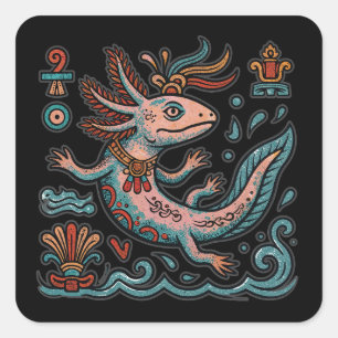 Sticker Carré Axolotl aztèque Xolotl pierre érodée art tribal bo