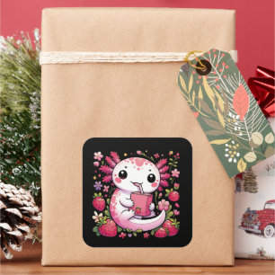 Sticker Carré Axolotl Boire du lait de fraise japonais