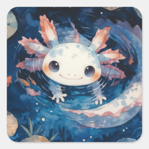Sticker Carré Axolotl Fantaisiste dans les Eaux au Clair de Lune