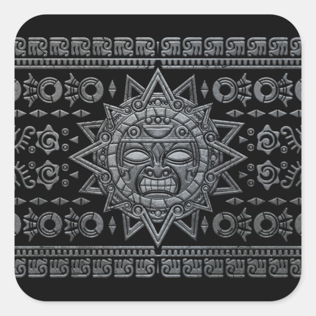 Sticker Carré Aztec Sun God - Pierre sur noir (Devant)