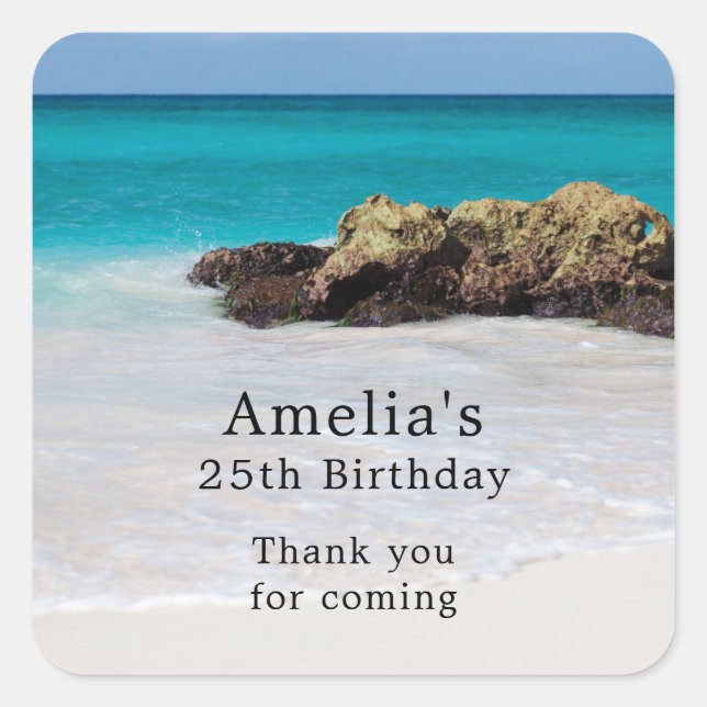 Sticker Carré Azure Ocean Sandy Beach Photo Anniversaire Merci (Devant)