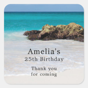Sticker Carré Azure Ocean Sandy Beach Photo Anniversaire Merci