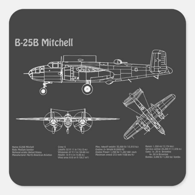 Sticker Carré B-25B Mitchell Doolittle - Plan directeur de l'avi (Devant)