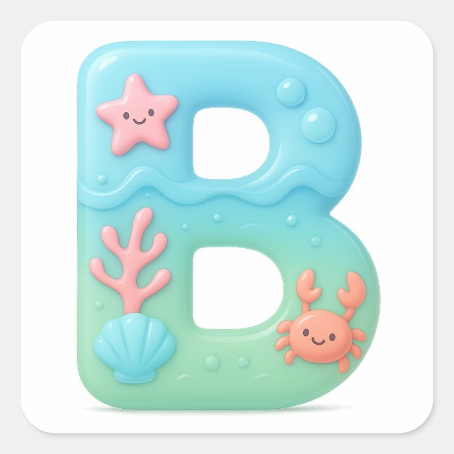 Sticker Carré "B" Cute Bubble Letter - Underwater Sea Creature A (Devant)