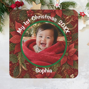 Sticker Carré Baby 1er Noël Floral Crimson Photo Nom Année