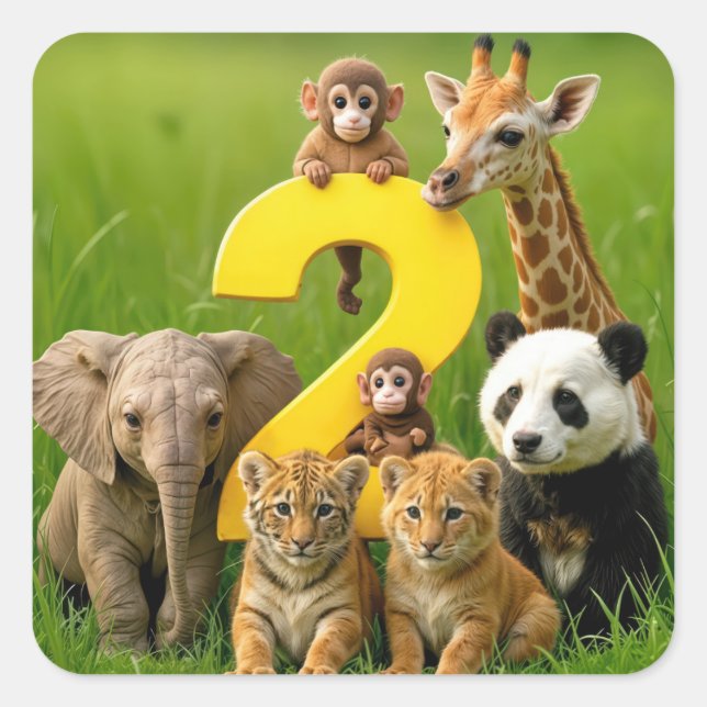Sticker Carré Baby African Animals With a Big Number Two (Devant)