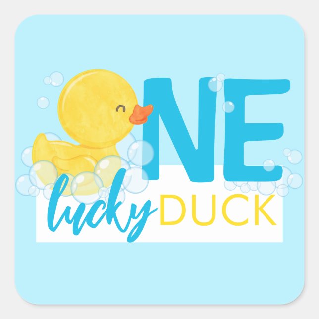 Sticker Carré Baby Blue One Lucky Duck 1er anniversaire fête (Devant)