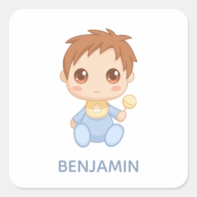 Sticker Carré Baby Boy Blue Jumpsuit Nom personnalisé (Devant)