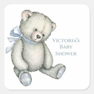 Sticker Carré Baby Boy Blue Teddy Bear Baby shower d'aquarelle