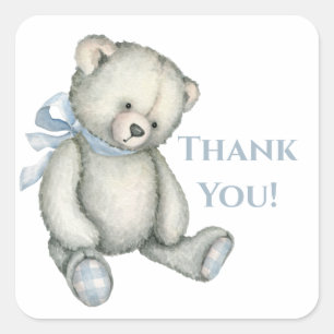 Sticker Carré Baby Boy Blue Teddy Bear Merci d'aquarelle