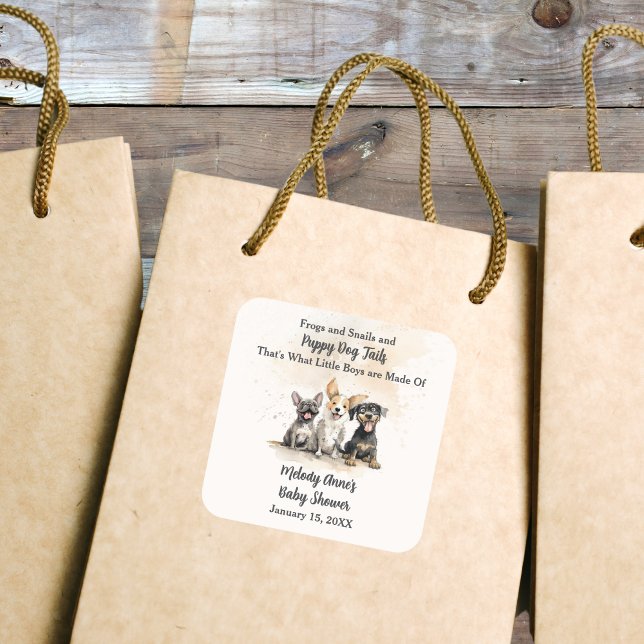 Sticker Carré Baby Boy Chien Chien Chien Chien Baby shower (Baby Boy Puppy Dog Tails Baby Shower Sticker with Watercolor Puppies, Mom's Name, Shower Date.)