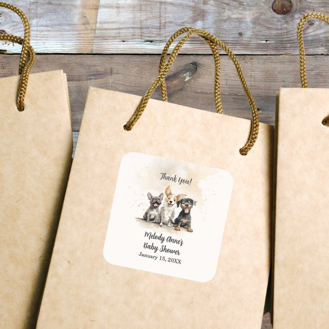 Sticker Carré Baby Boy Chien Chien Chien Tails Baby shower Merci (Puppy Dog Tails Baby Shower Square Favor Thank You Sticker with Watercolor Puppies, Mom's Name, Date)
