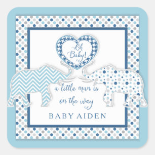 Sticker Carré Baby Boy Elephant Thème Douche Coeur Chevron Art