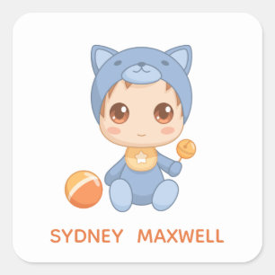Sticker Carré Baby Boy Girl Cat Jumpsuit Nom personnalisé