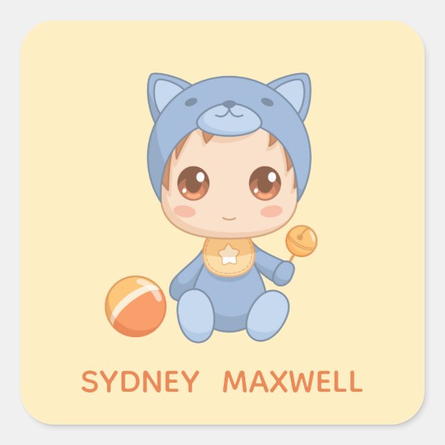 Sticker Carré Baby Boy Girl Cat Jumpsuit Personnalisé Nom Jaune (Devant)
