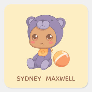 Sticker Carré Baby Boy Girl Purple Bear Jumpsuit Nom personnalis