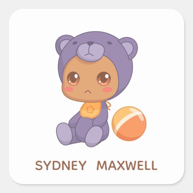 Sticker Carré Baby Boy Girl Purple Bear Jumpsuit Nom personnalis (Devant)
