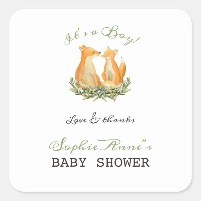 Sticker Carré Baby Boy Sweet Fox Woodland Baby shower (Devant)