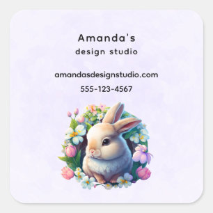 Sticker Carré Baby Bunny parmi les fleurs de printemps colorées 