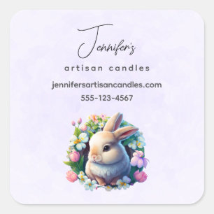 Sticker Carré Baby Bunny parmi les fleurs de printemps colorées 