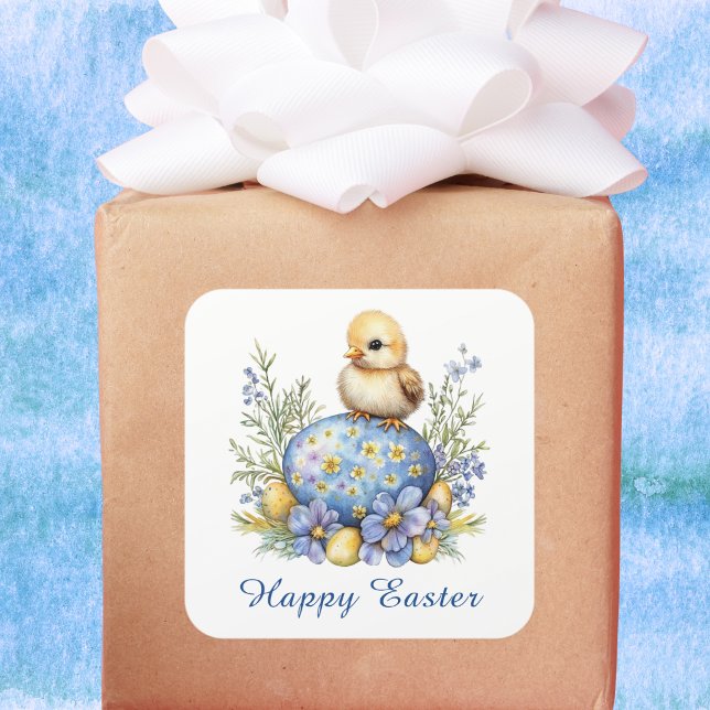 Sticker Carré Baby Chick Happy Easter Egg Blue Yellow Flowers (Créateur téléchargé)