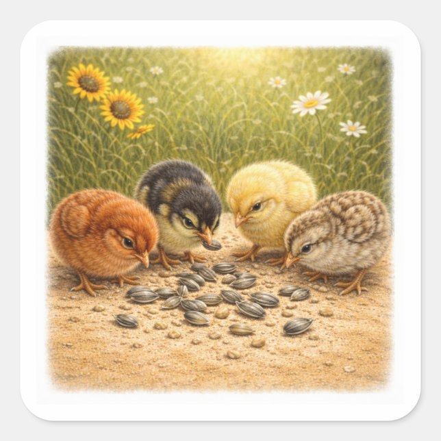 Sticker Carré Baby Chicks Eating Sunflower Seeds – Cozy Farm Ill (Devant)