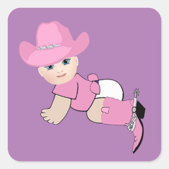 Sticker Carré Baby Cowgirl avec Casquette rose et bottes (Devant)