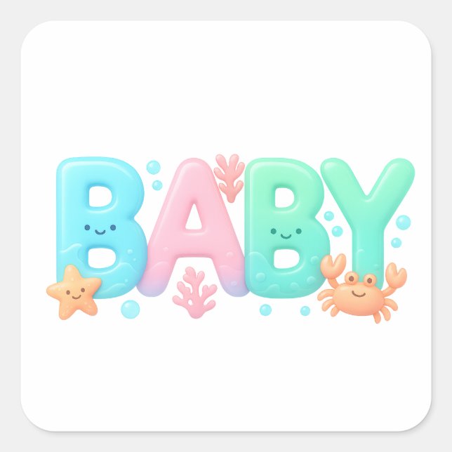 Sticker Carré BABY Cute Ocean Pastel Glossy Text (Devant)