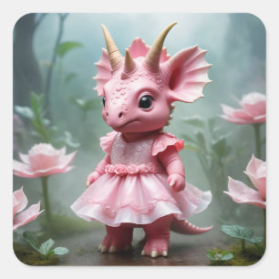 Sticker Carré Baby Dino en robe rose
