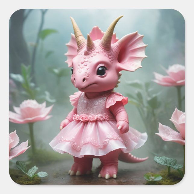 Sticker Carré Baby Dino en robe rose (Devant)