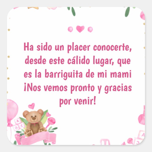 Sticker Carré Baby Girl Coming Bear Baby Shower Pink (Devant)
