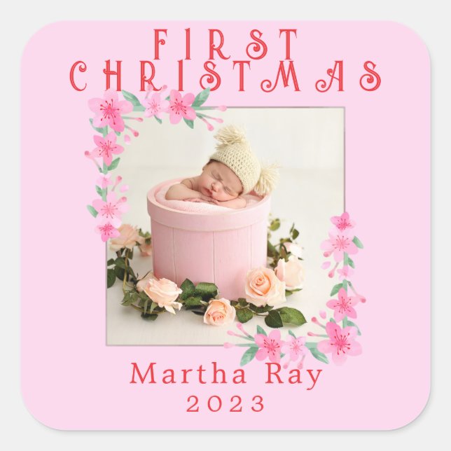 Sticker Carré Baby Girl First Christmas Soft Cadre floral rose (Devant)