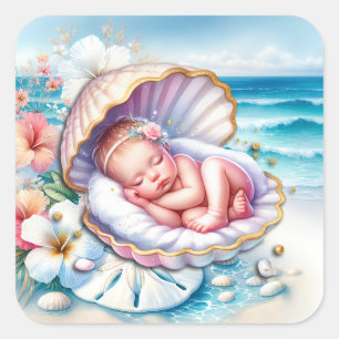 Sticker Carré Baby Girl in a Seashell Baby shower